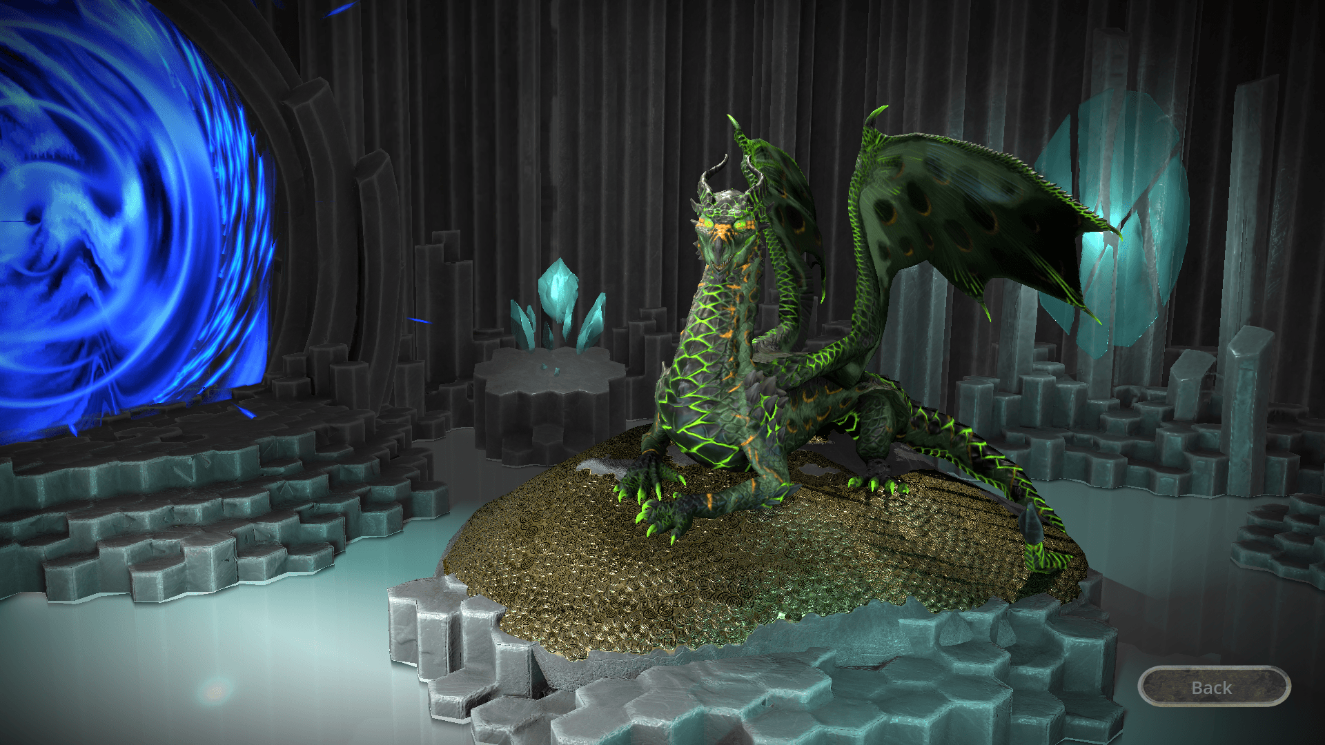 Dragon Tribe Chronicles screenshot showing a green dragon in a crystal cave