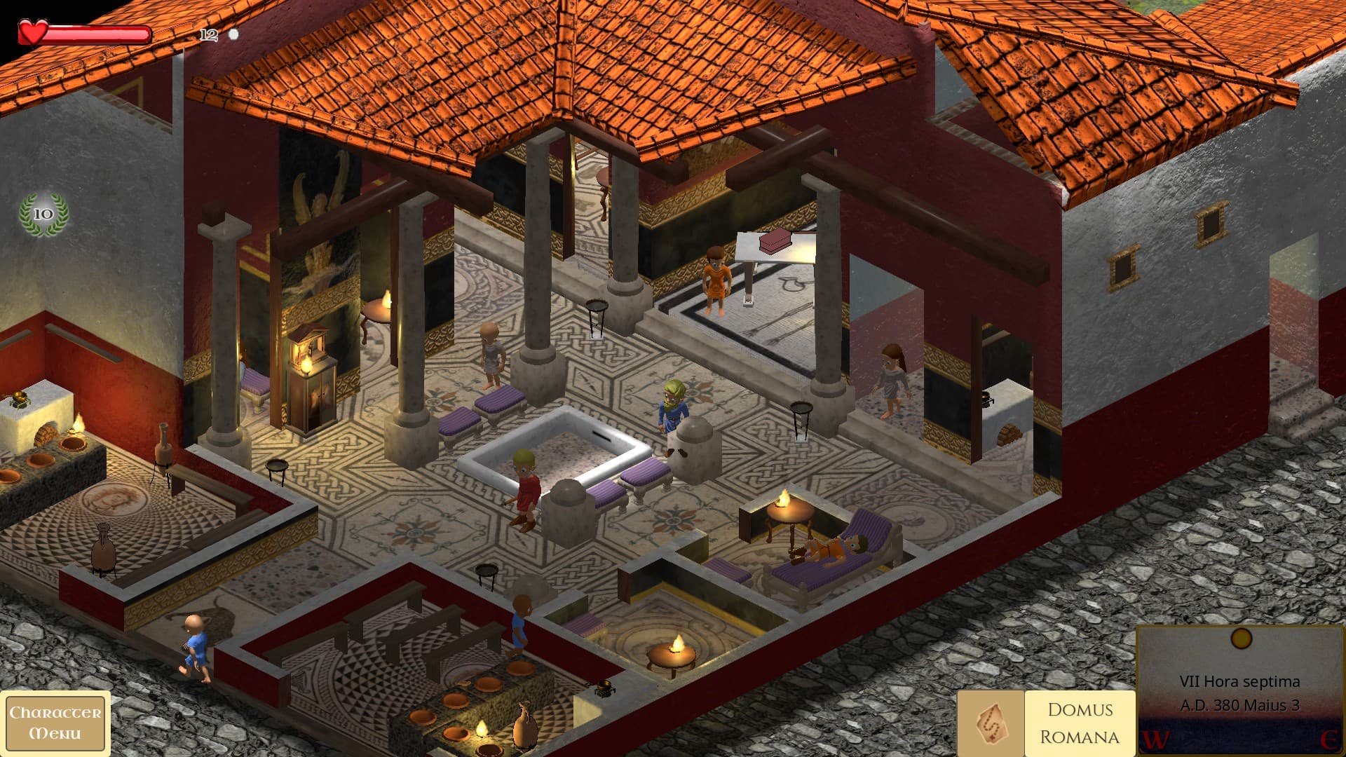 Rod of Asclepius gameplay screenshot showing a Roman interior