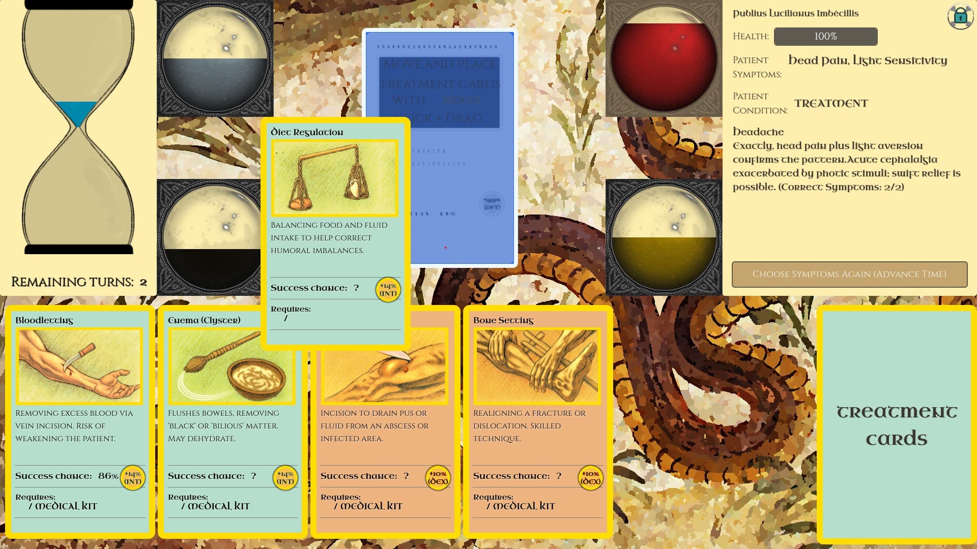 Rod of Asclepius gameplay screenshot showing treatment cards